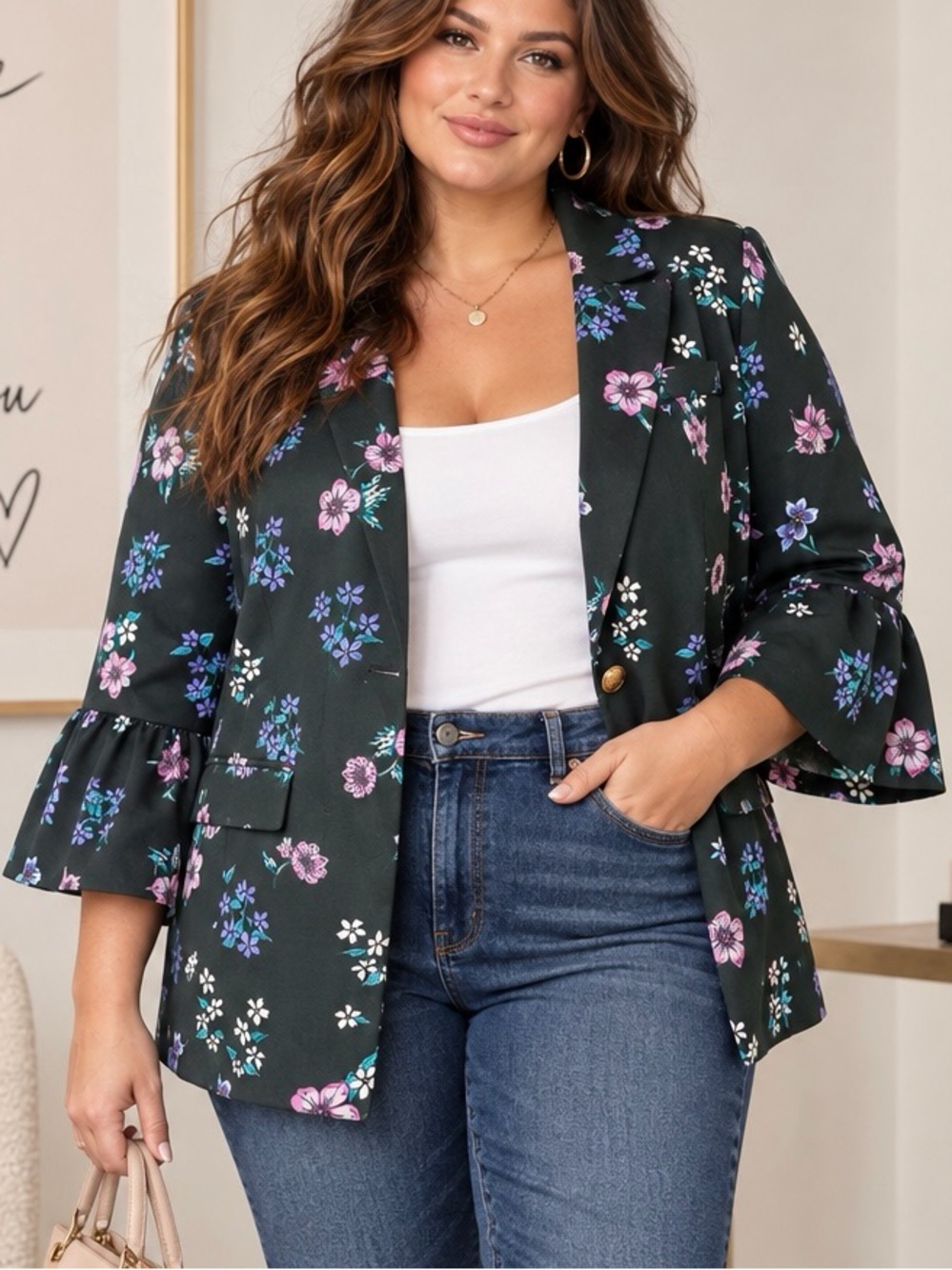 Lane Bryant ‘The Bryant Blazer’ Green Floral Bell Sleeve Jacket Plus Size 18